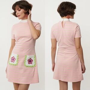 Pink Striped Mini Dress with Floral Pockets